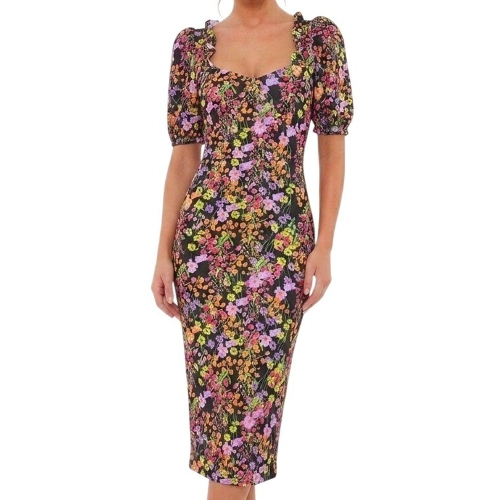 Pretty Little Thing Midi Dress Women 4 Black Floral‎ Puff Sleeve Bodycon